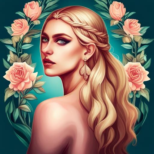 Ethereal God in Art Nouveau Attire Surrounded by Rosy Blooms