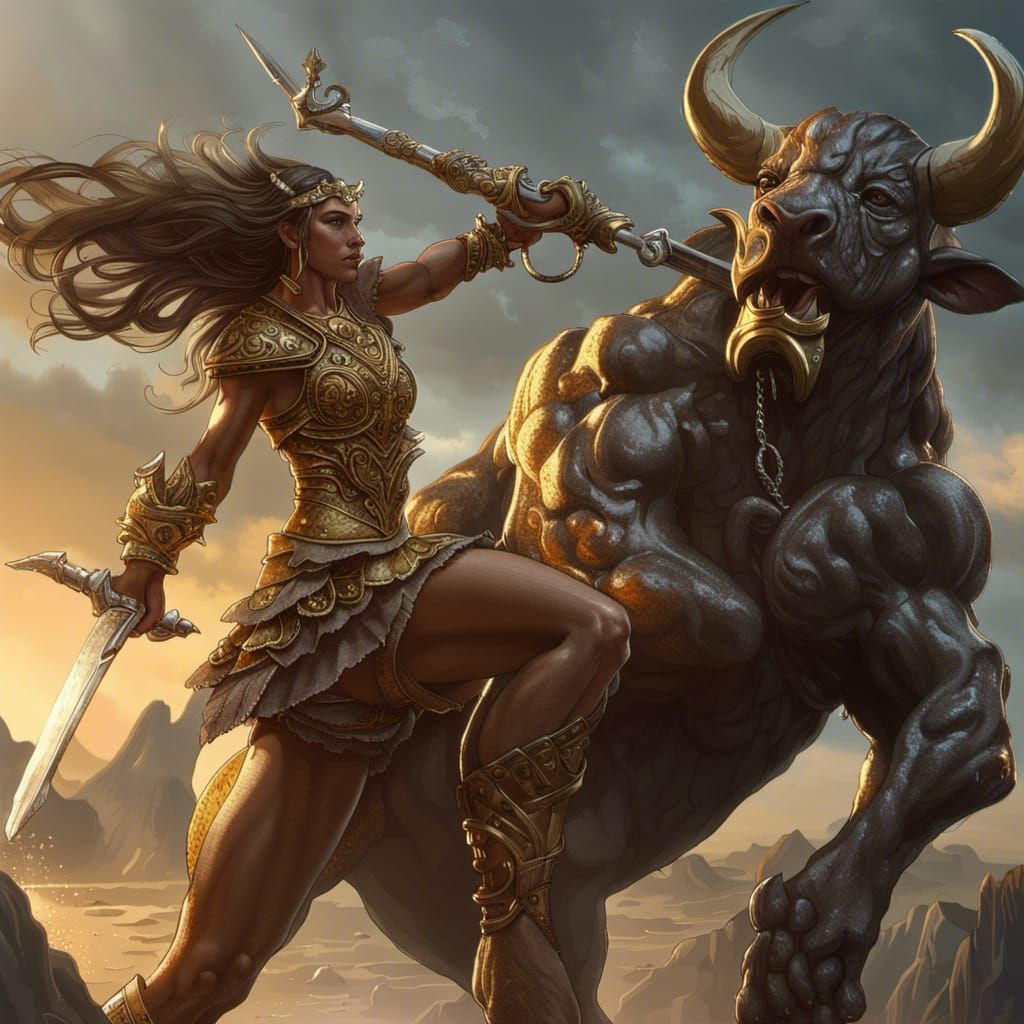 Minotaur Attacks Elf Warrior in Dark Fantasy Art