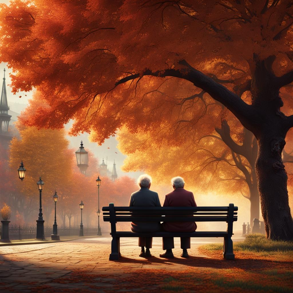 Autumnal Scene of Elderly Couple on Park Bench
