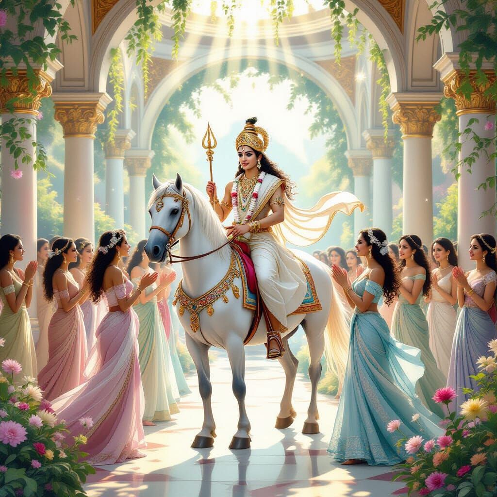 Kalki on White Horse in Celestial Garden with Brides