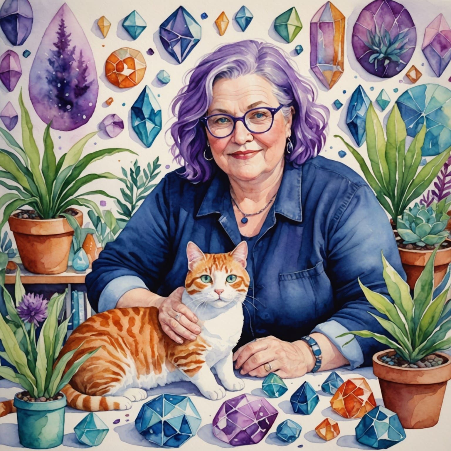 Happy Sixty-Year-Old Watercolor Artist with Crystals