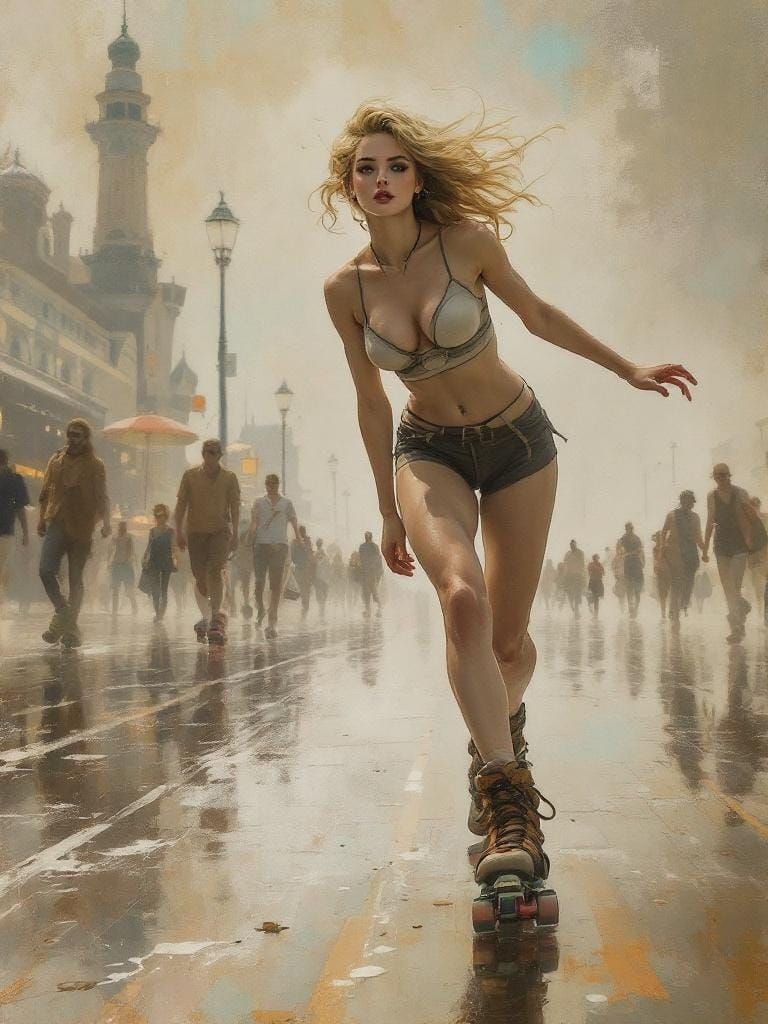 Roller Blading Pin-Up in Art Nouveau Style