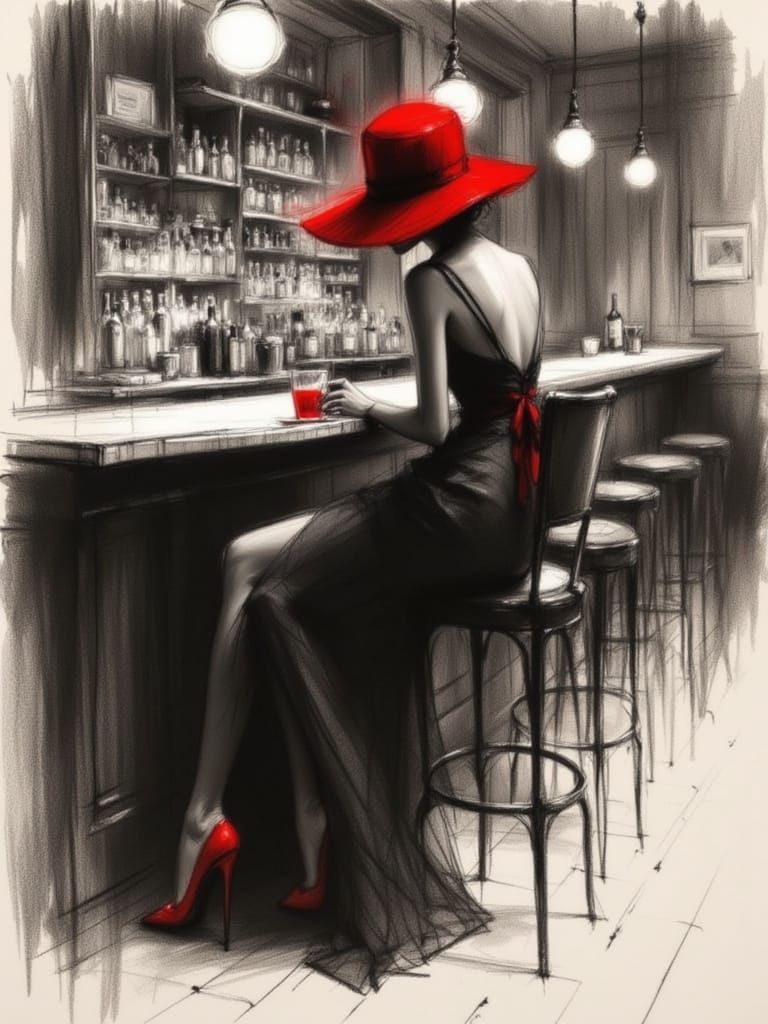 Monochrome Woman in Red Hat, Charcoal Drawing