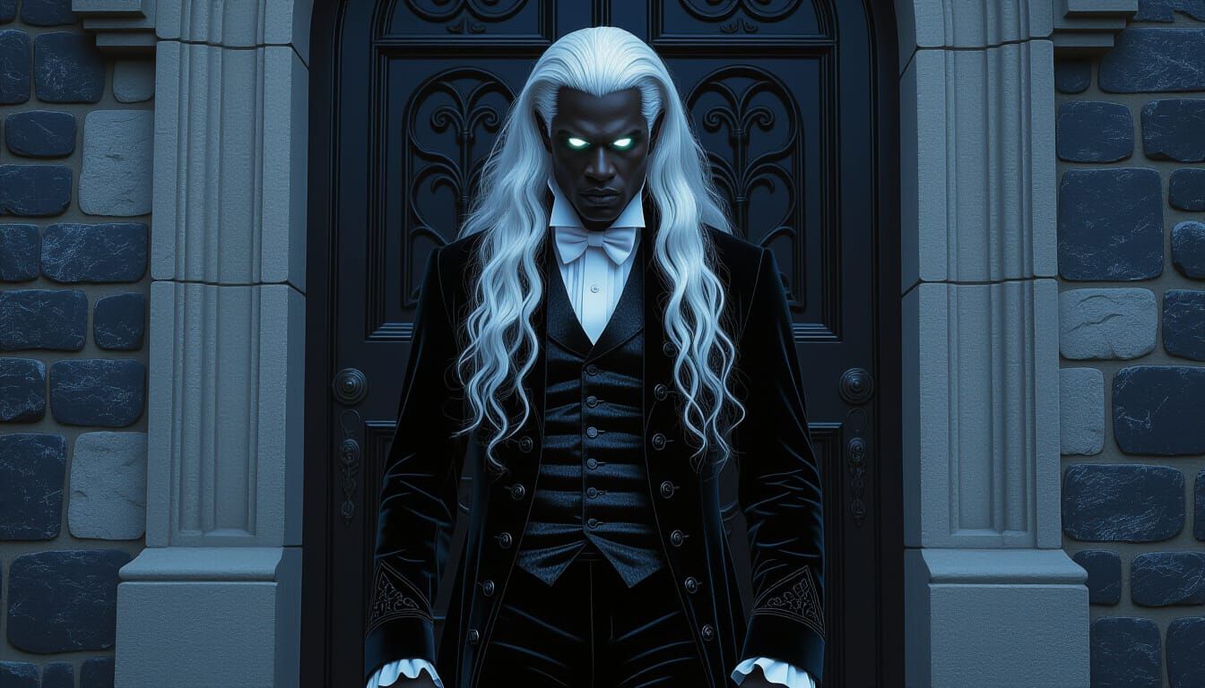 Vampire in Edwardian Velvet at Castle Door