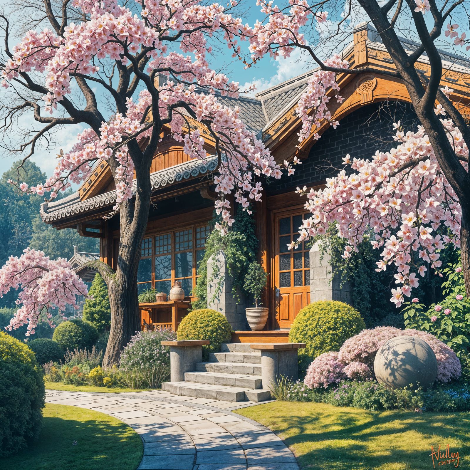 Geisha in Spring Garden with Peonies