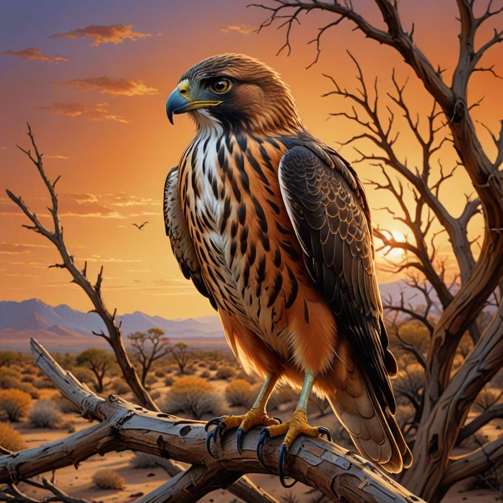 Hawk at Sunset on Desert Branch in Vibrant Oil Style
