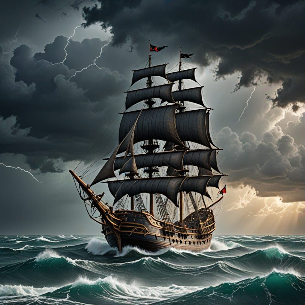 Pirate Ship Sailing in Stormy Sea