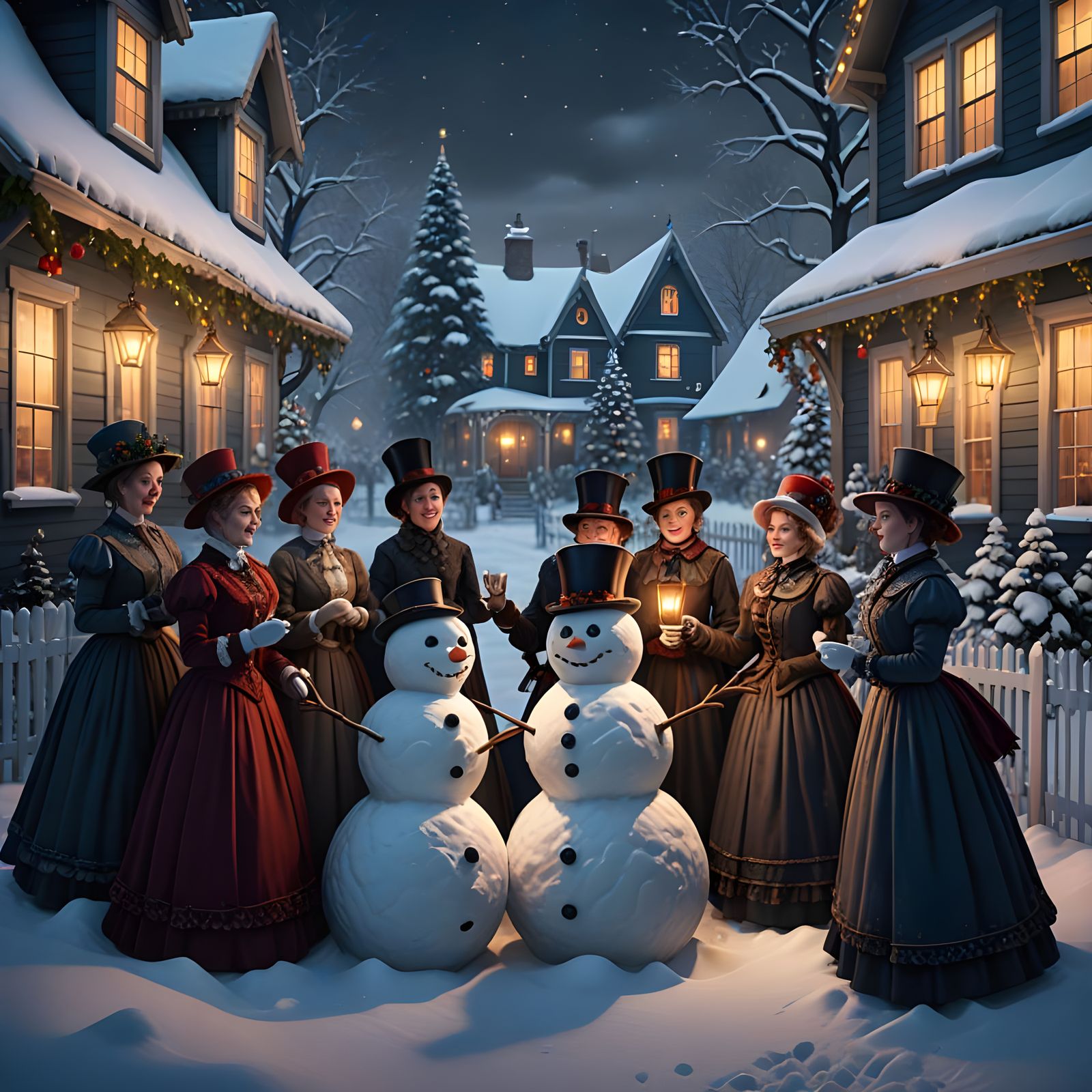 Victorian Snowmen Gather in Festive Christmas Scene