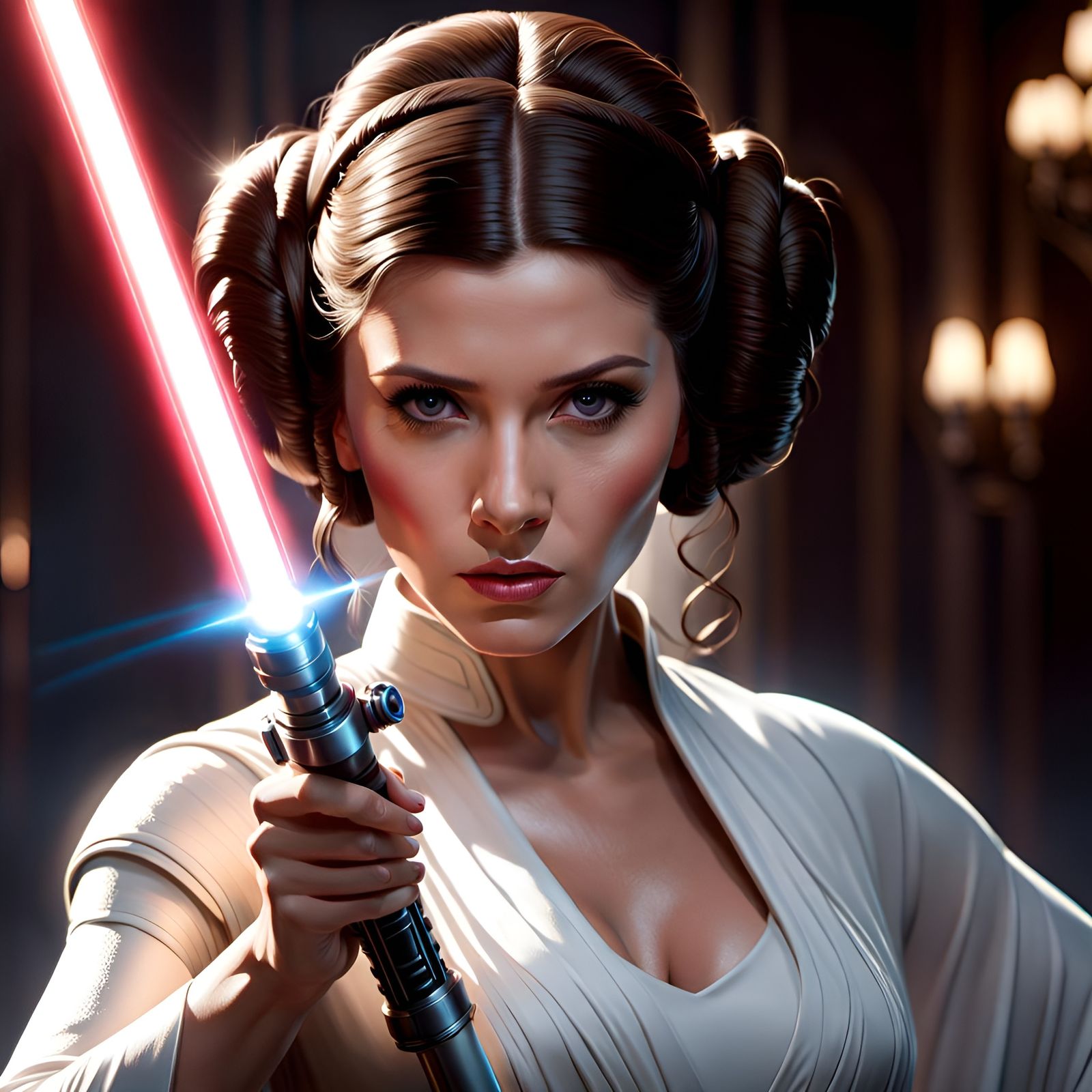 Princess Leia Battles with Lightsaber in Dreamy Lighting