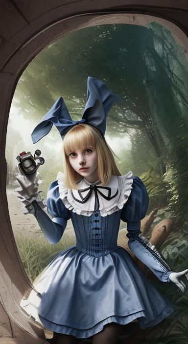 Realistic Robot as a Surreal AI Alice in Wonderland Characte...