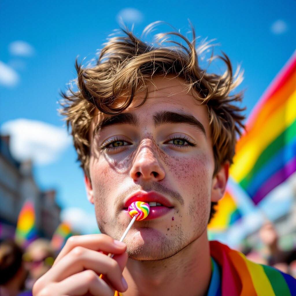 Young Man with Pride Candy at Gay Parade