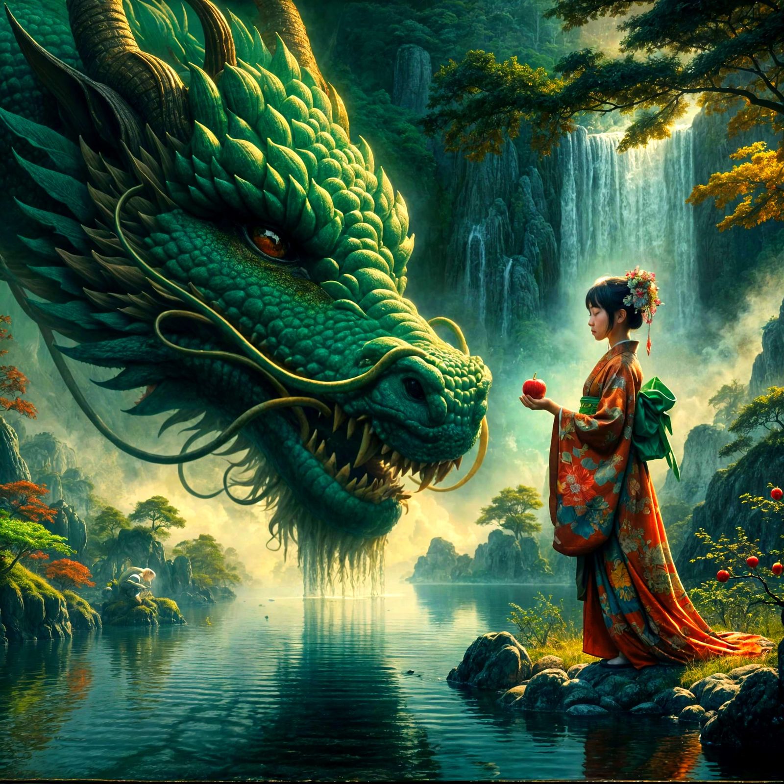 Girl Offers Apple to Majestic Dragon in Foggy Spring Lake