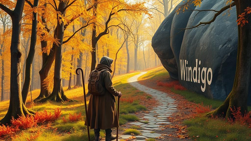 Traveler at Crossroads in Mystical Autumn Forest