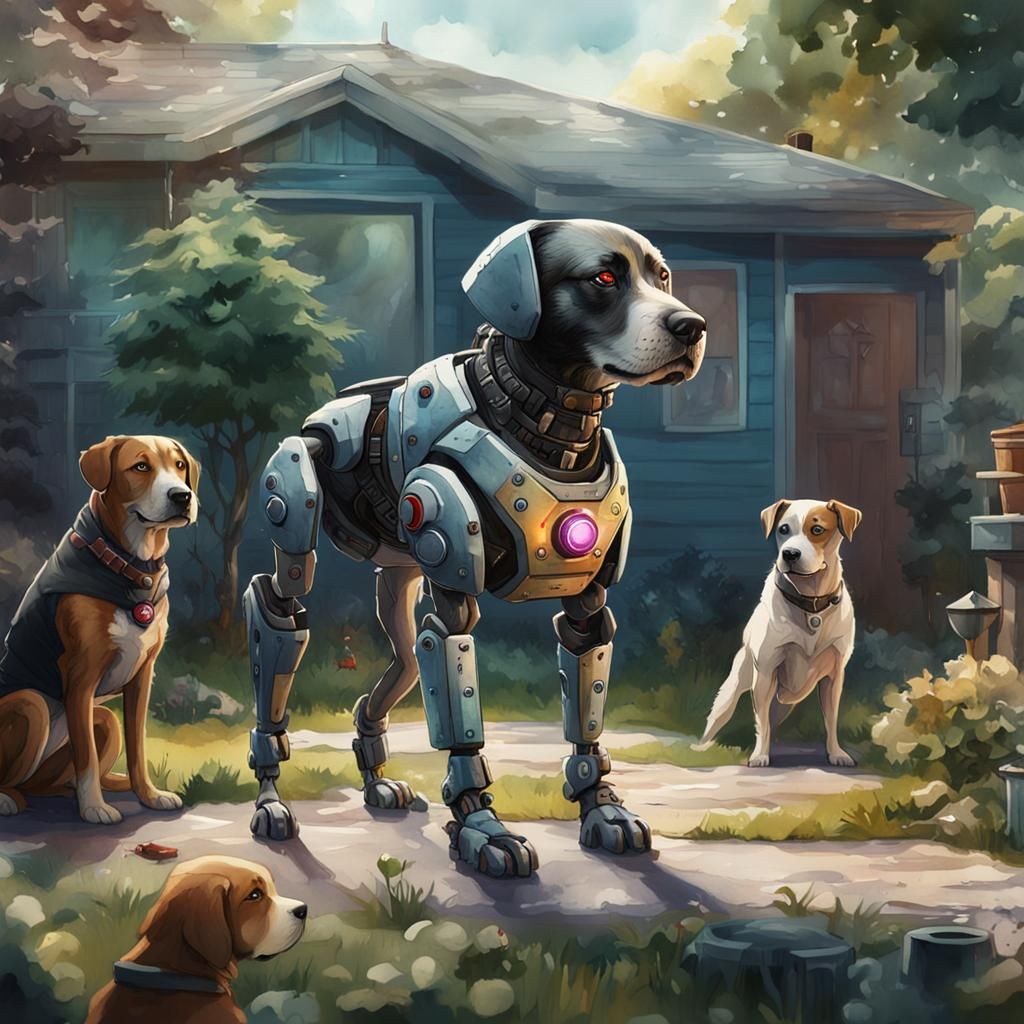 Cyborg Dog Meeting in Suburb, Watercolor Style
