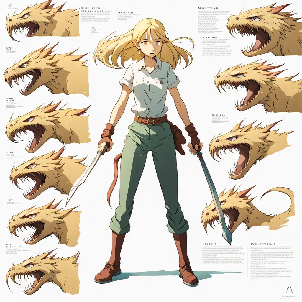 Anime Woman Fighting Monsters in Ghibli Style