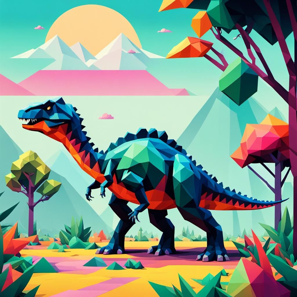 Low-Poly Dinosaur by Tree in Geometric Style