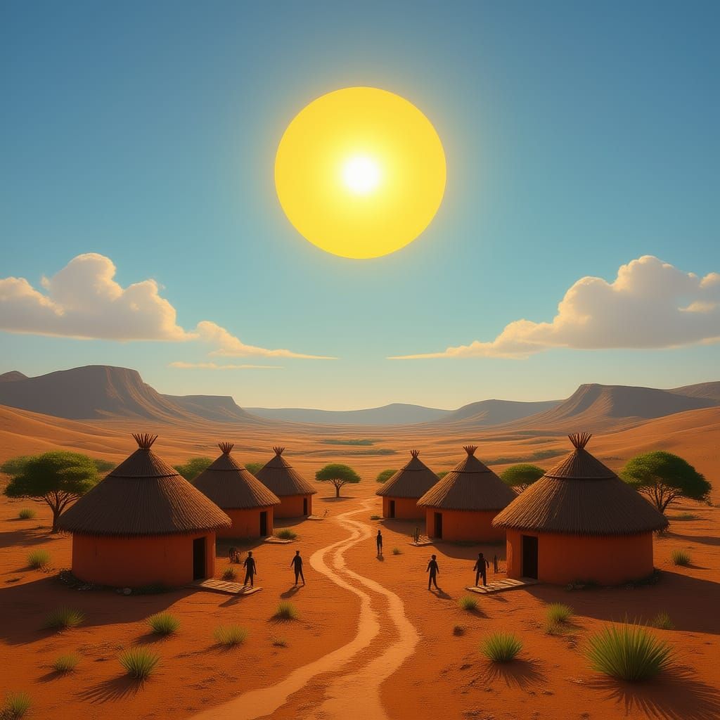 African Village Huts Under a Bright Golden Sun