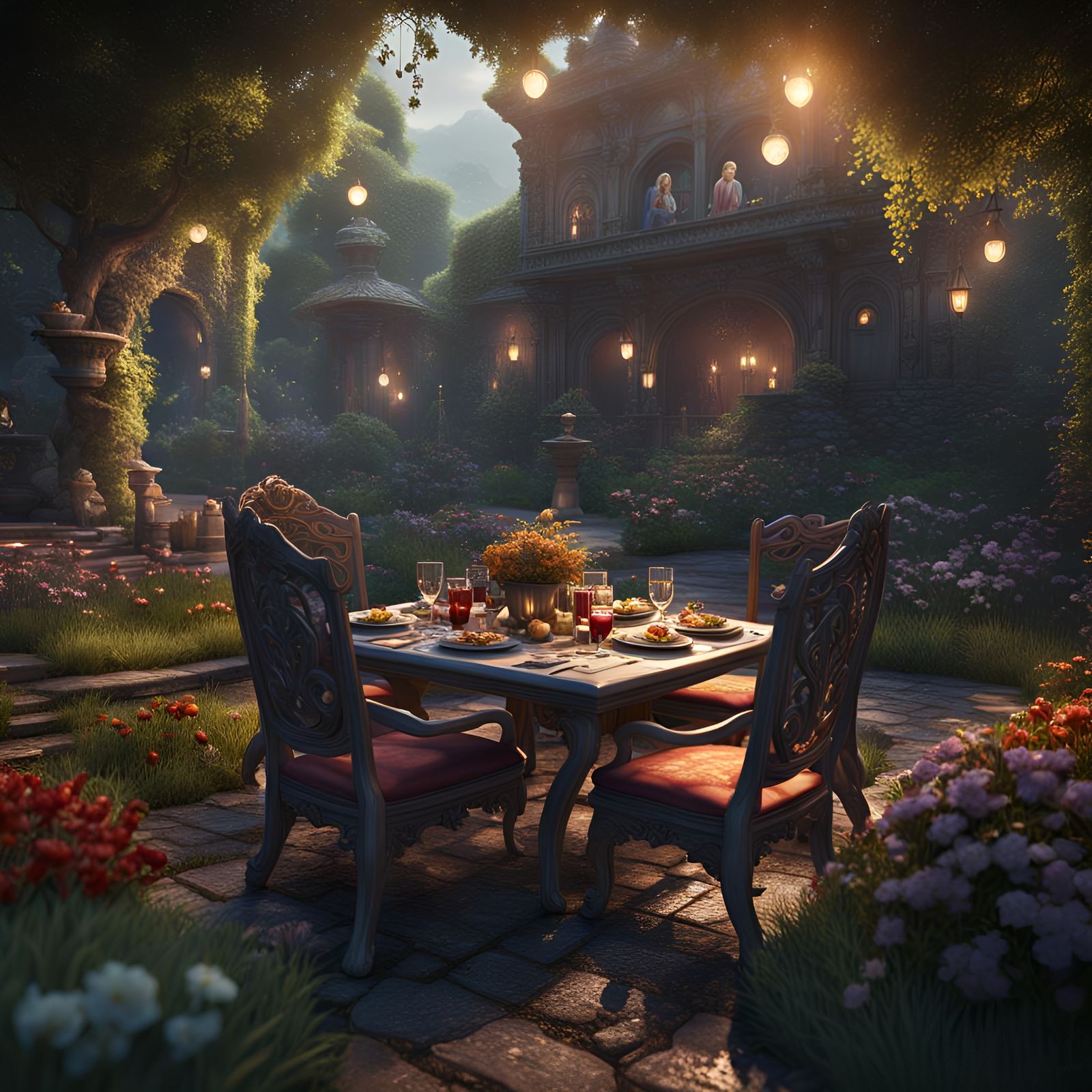 Couple Dining in Garden: Detailed Matte Painting