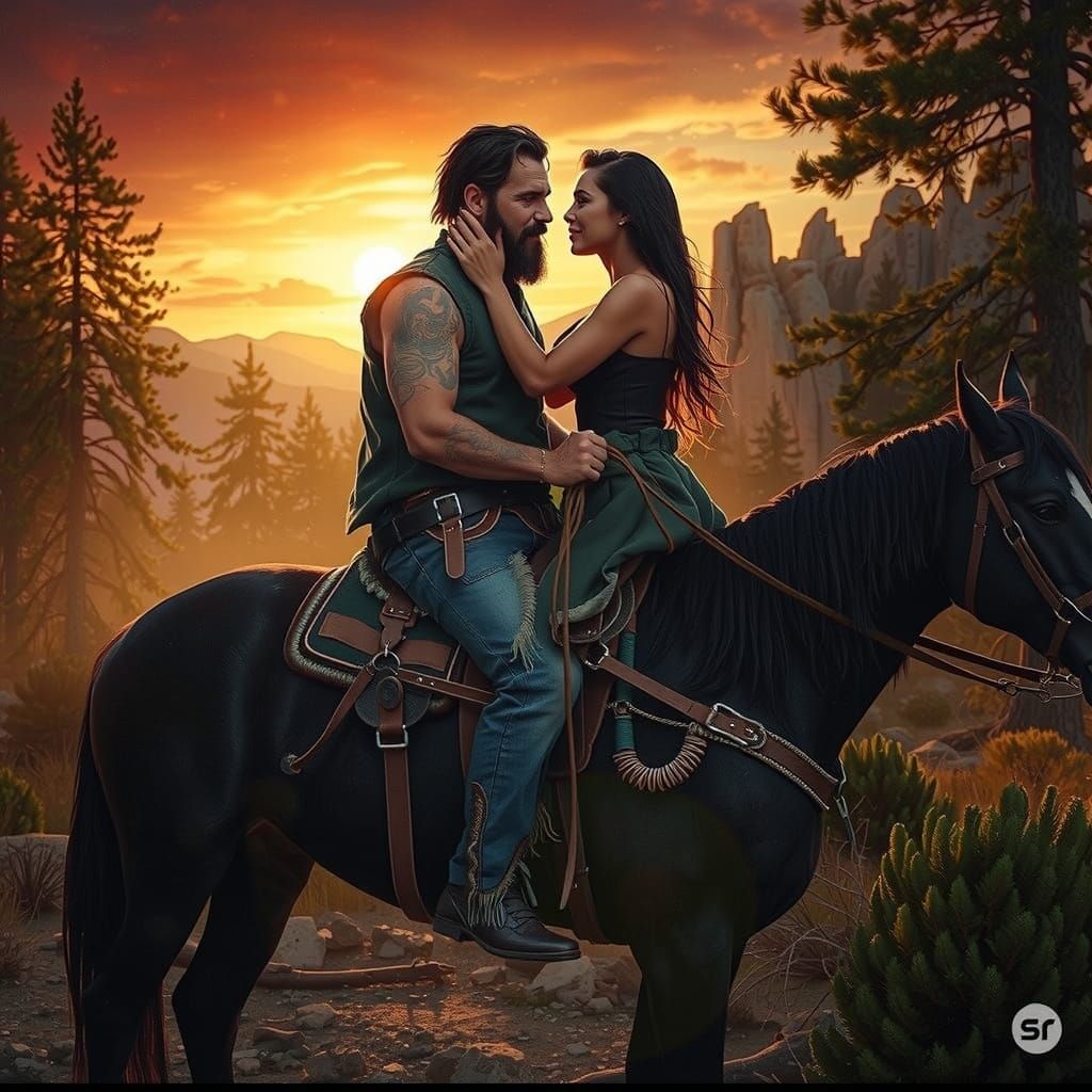Man on Horseback in Wilderness Sunset, Digital Painting