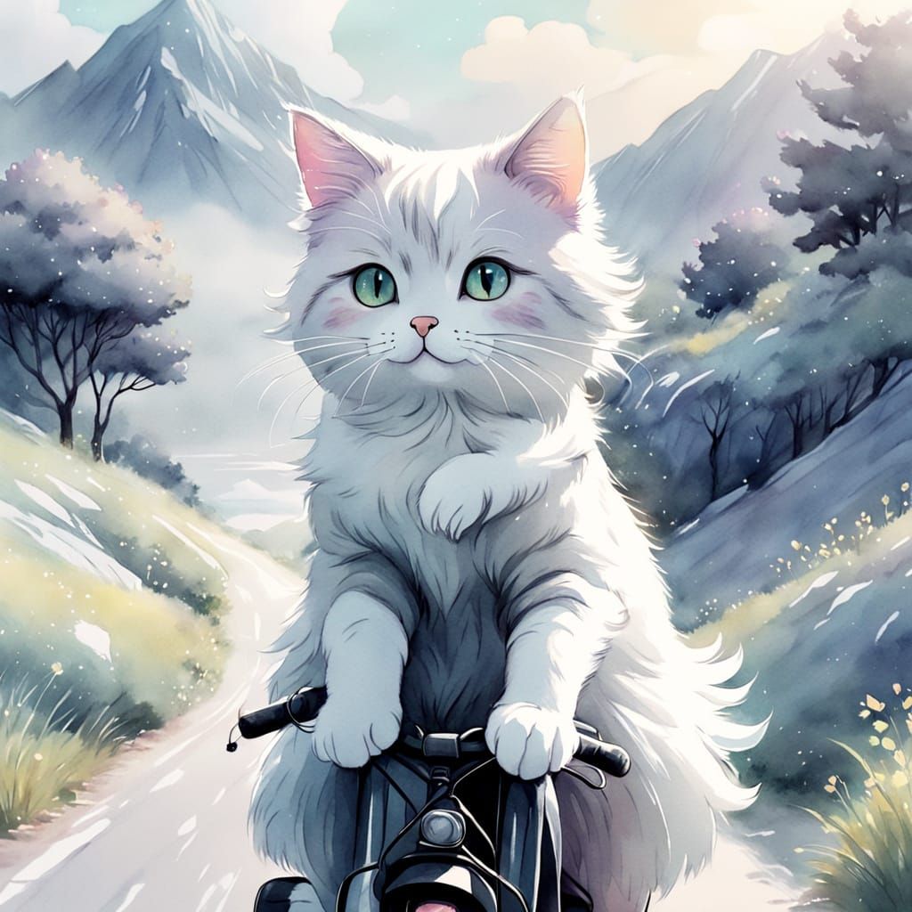 Cute Girl on Cat in Whimsical Manga Landscape