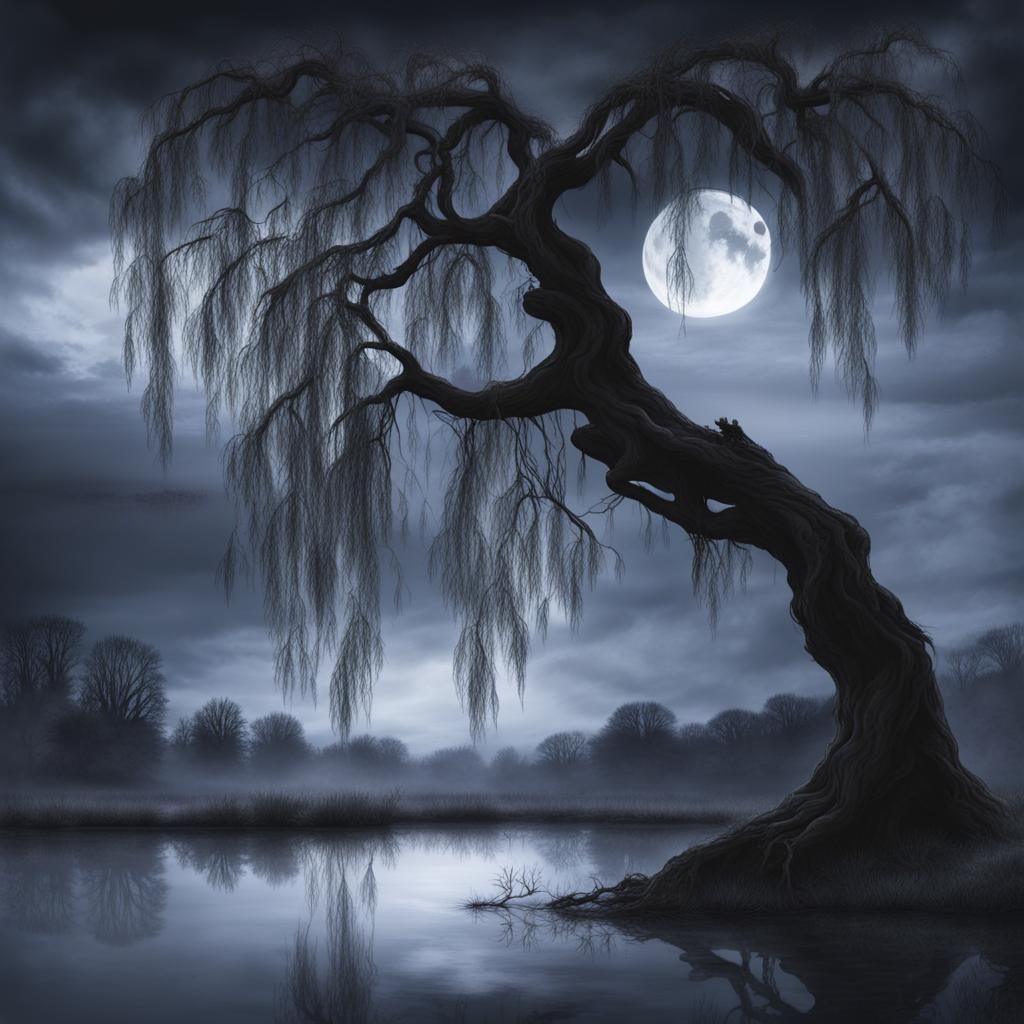 Creepy Whispering Willow in Dark Night
