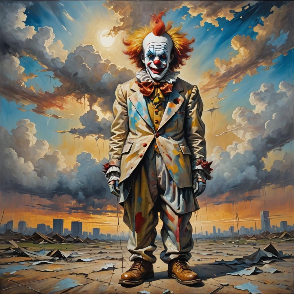 Clown in Apocalyptic Sky: Surrealist Oil Painting