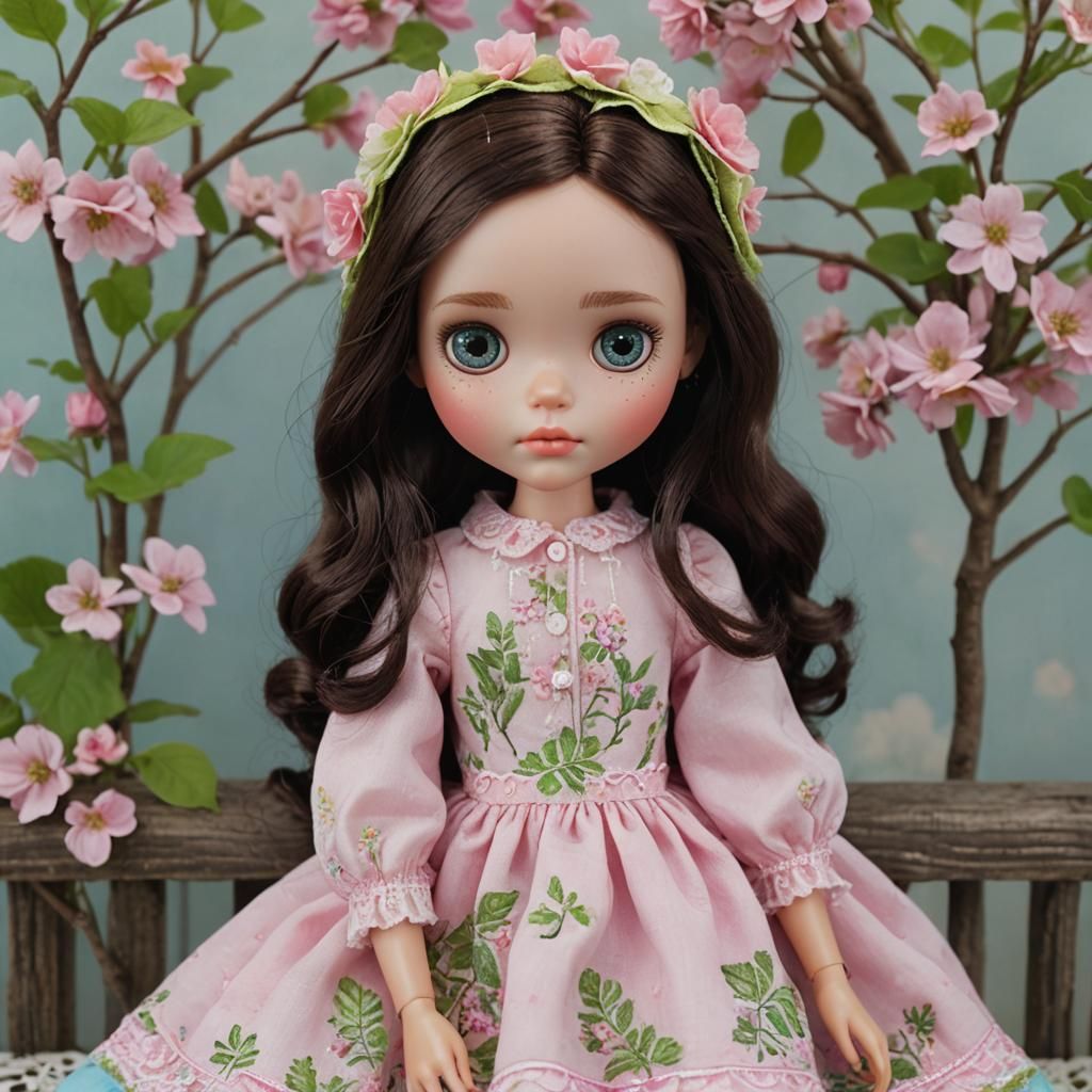 Whimsical Blythe Doll in Folk-Art Style Dress