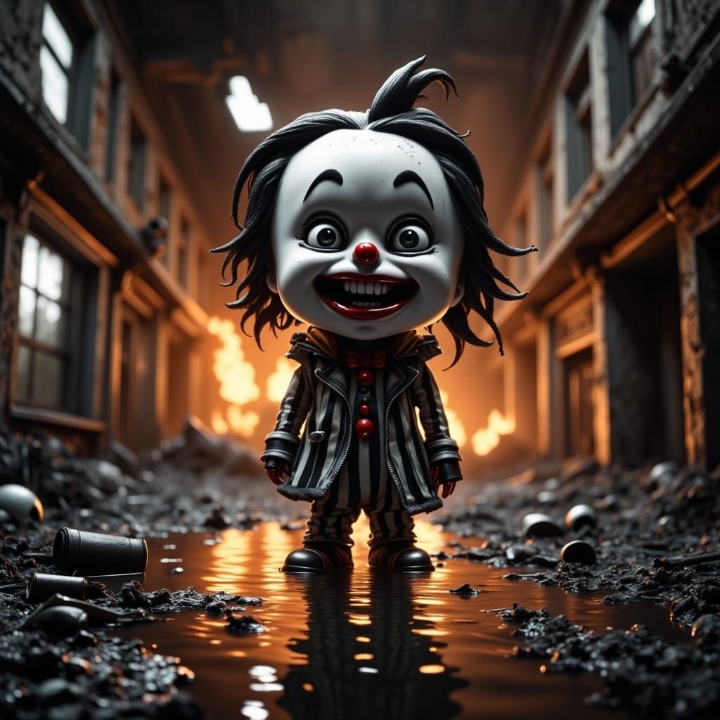 Eerie Clown in Abandoned Building with Burning Fire