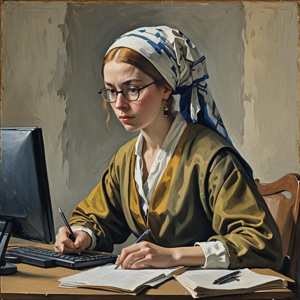 Woman Studying at Computer in Vermeer Style