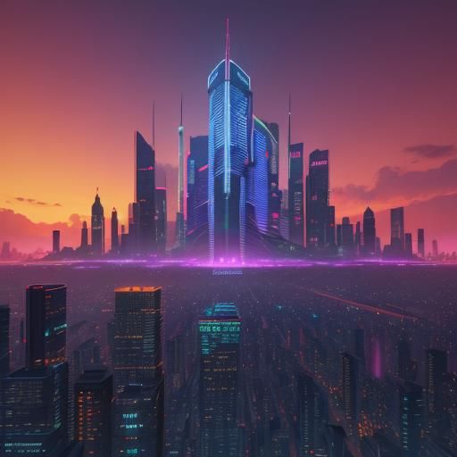 Neon Cityscape Sunset in Vibrant Digital Art