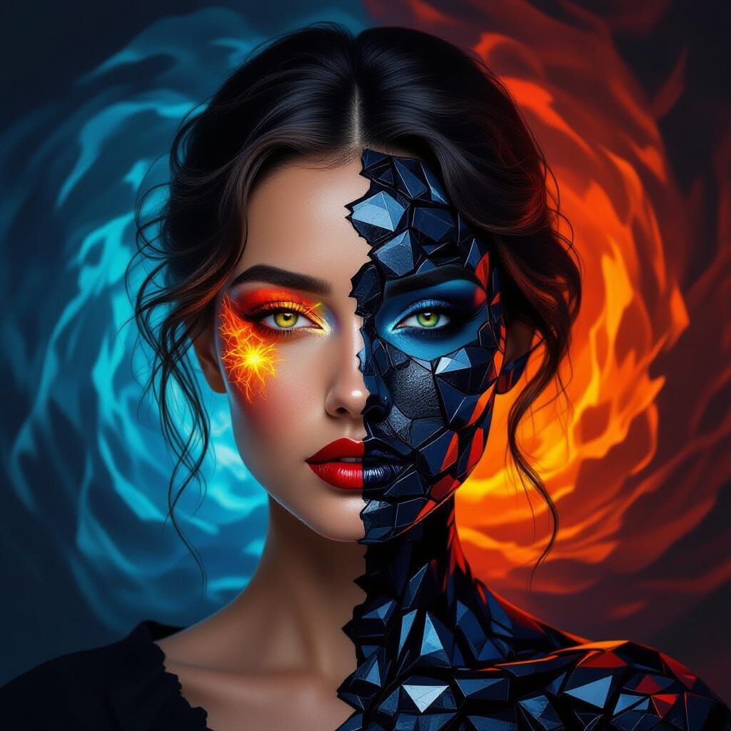 Surreal Duality Portrait: Fiery Energy Meets Crystal Depths