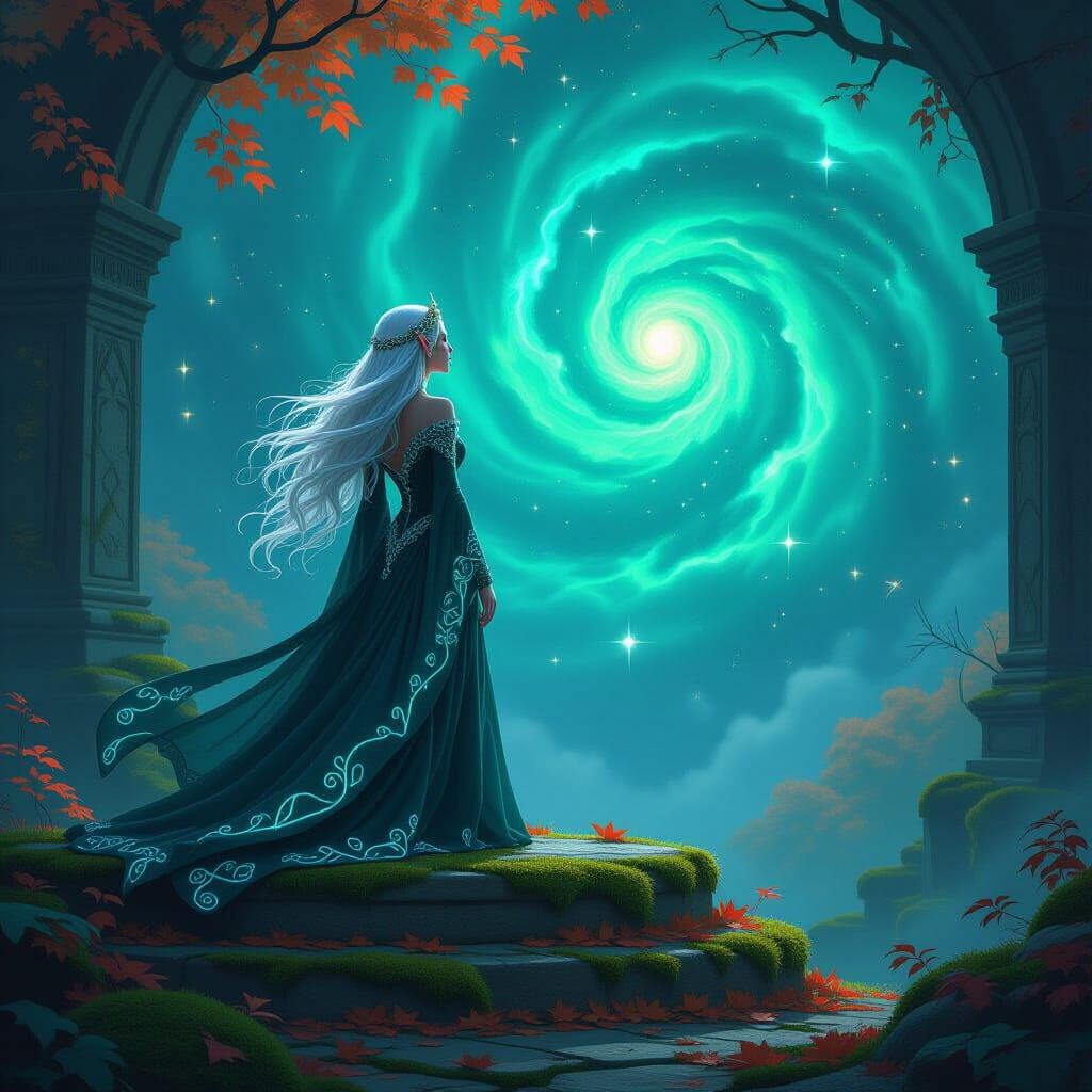 Elven Queen Gazing at Nebula in Fantasy Landscape