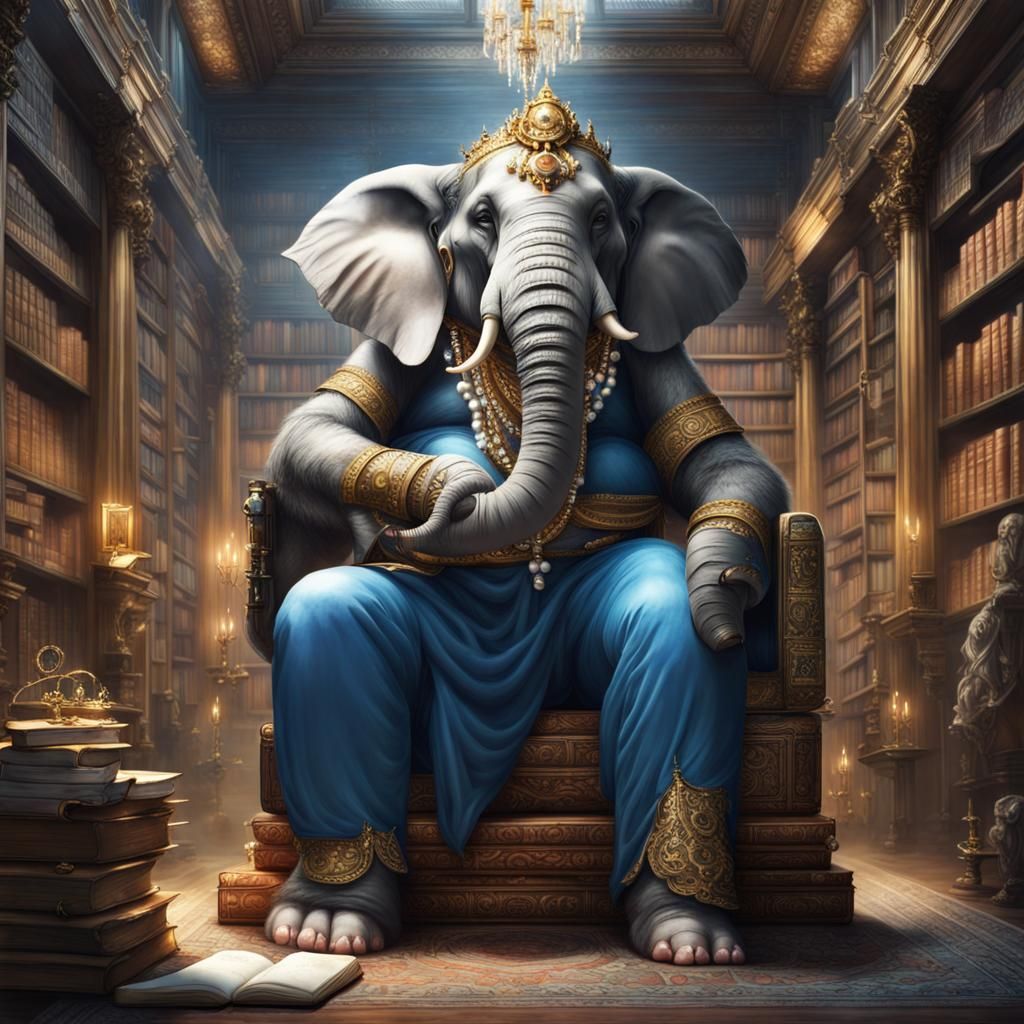 Ethereal Elephant Humanoid with Book in Library