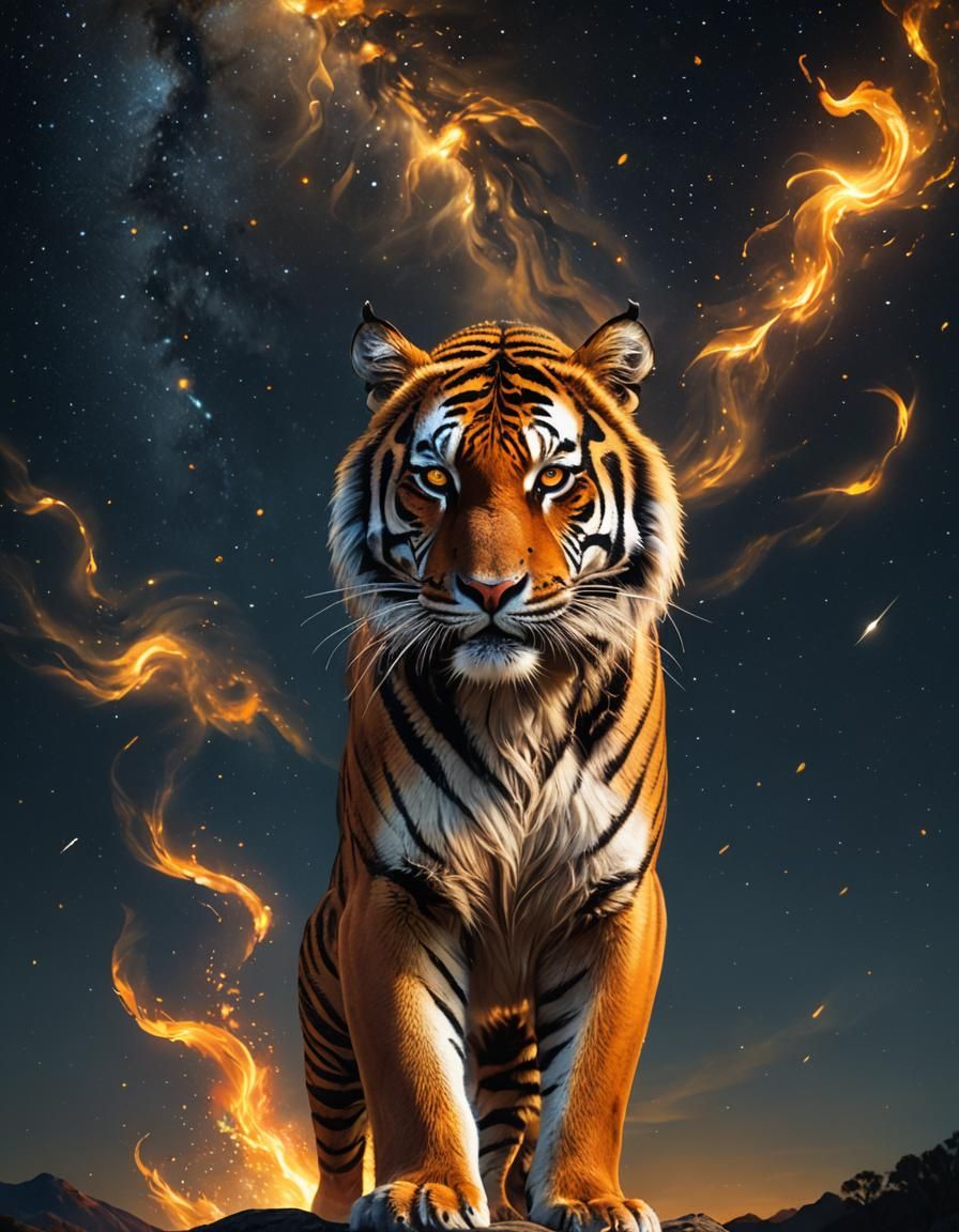 Glowing Tiger Portrait Under Starry Night Sky