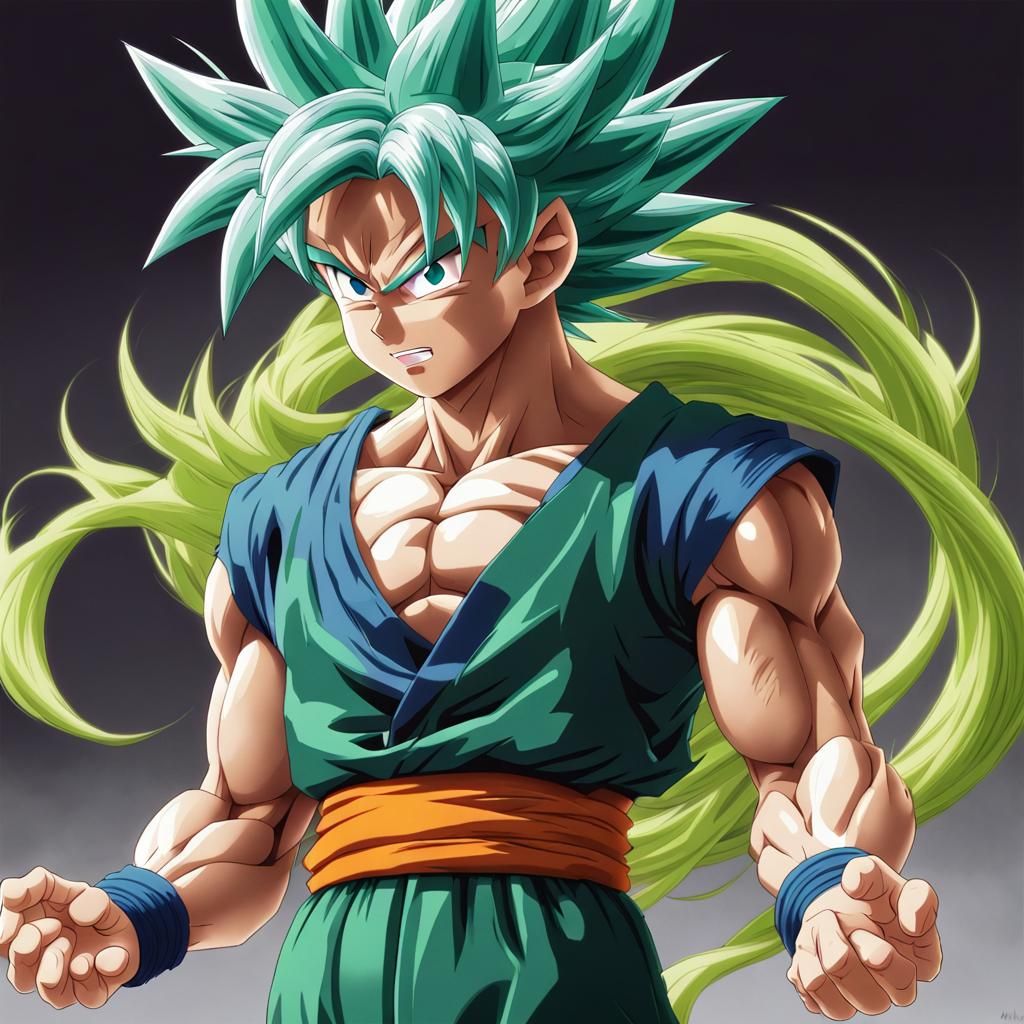 Green Haired Super Saiyan Son-Goku in Anime Style