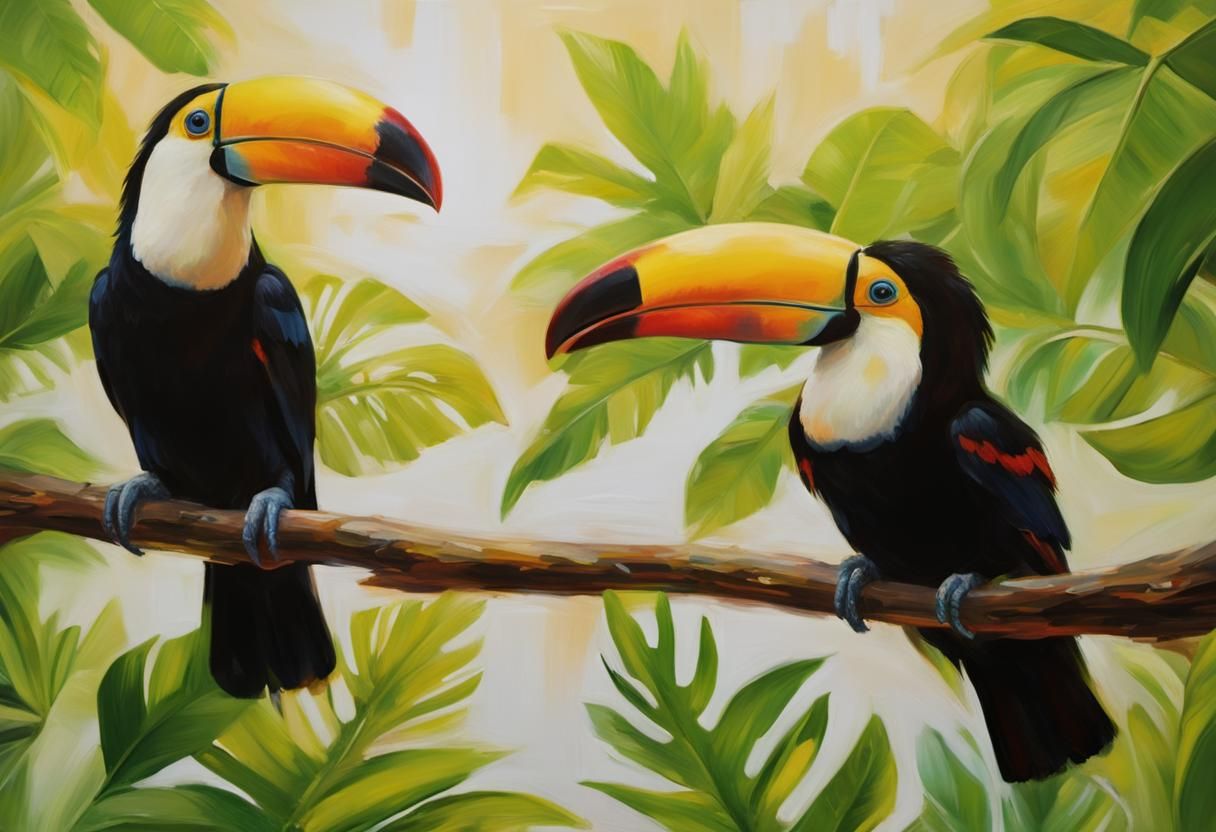 Toucan Couple in Fauvist Oil Painting
