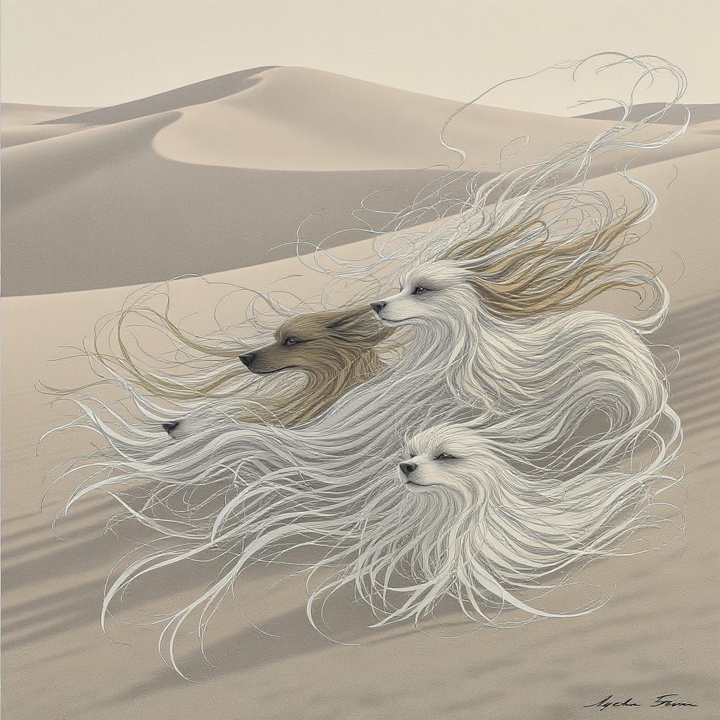 Mystical Garden: Long-Haired Dogs on Sand Dunes