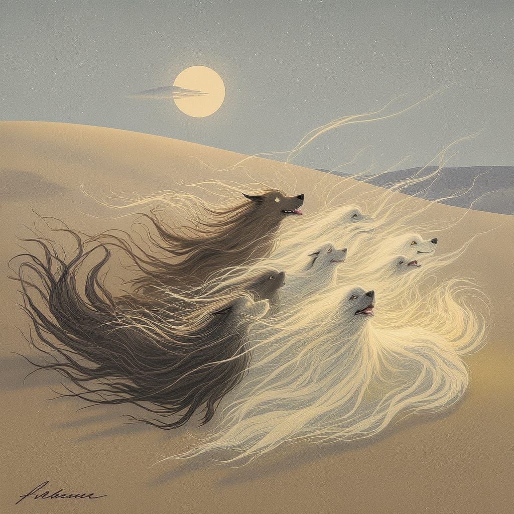 Mystical Garden: Long-Haired Dogs in Surrealist Style