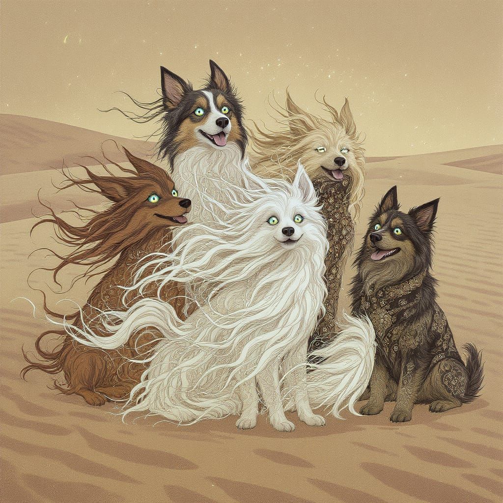 Mystical Dogs Enjoying the Breeze on Desert Dunes