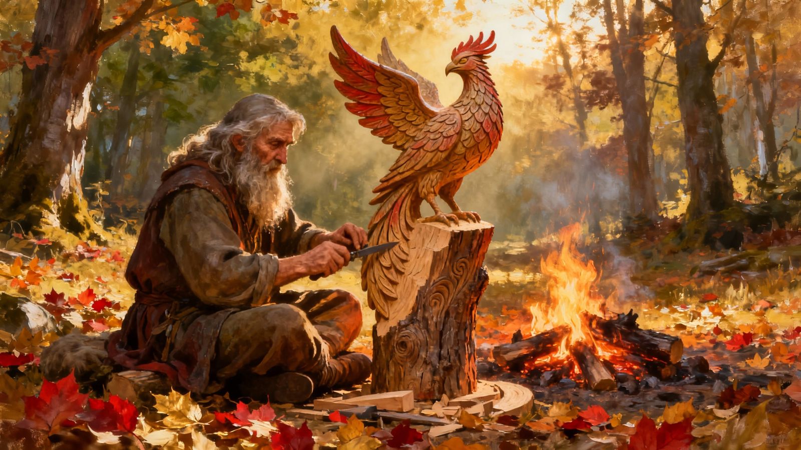 Wizard Carves Phoenix by Campfire in Autumn Forest