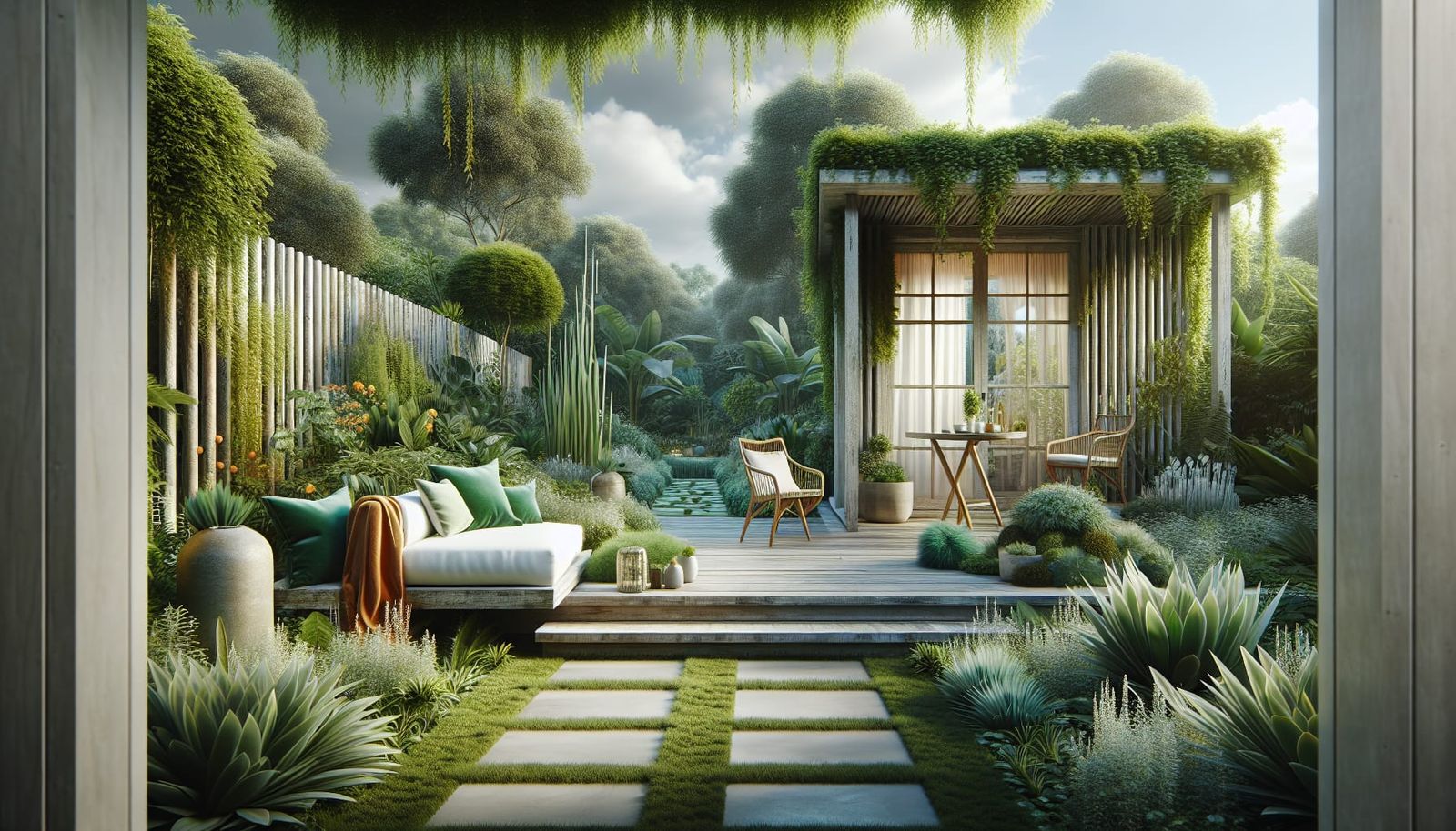 Peaceful Garden Panorama with White Bench