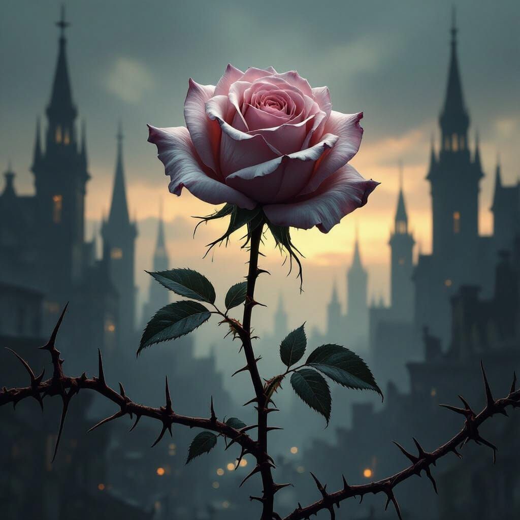 Gothic Horror Rose With Rusted Metal Vines and Dark Cityscap...