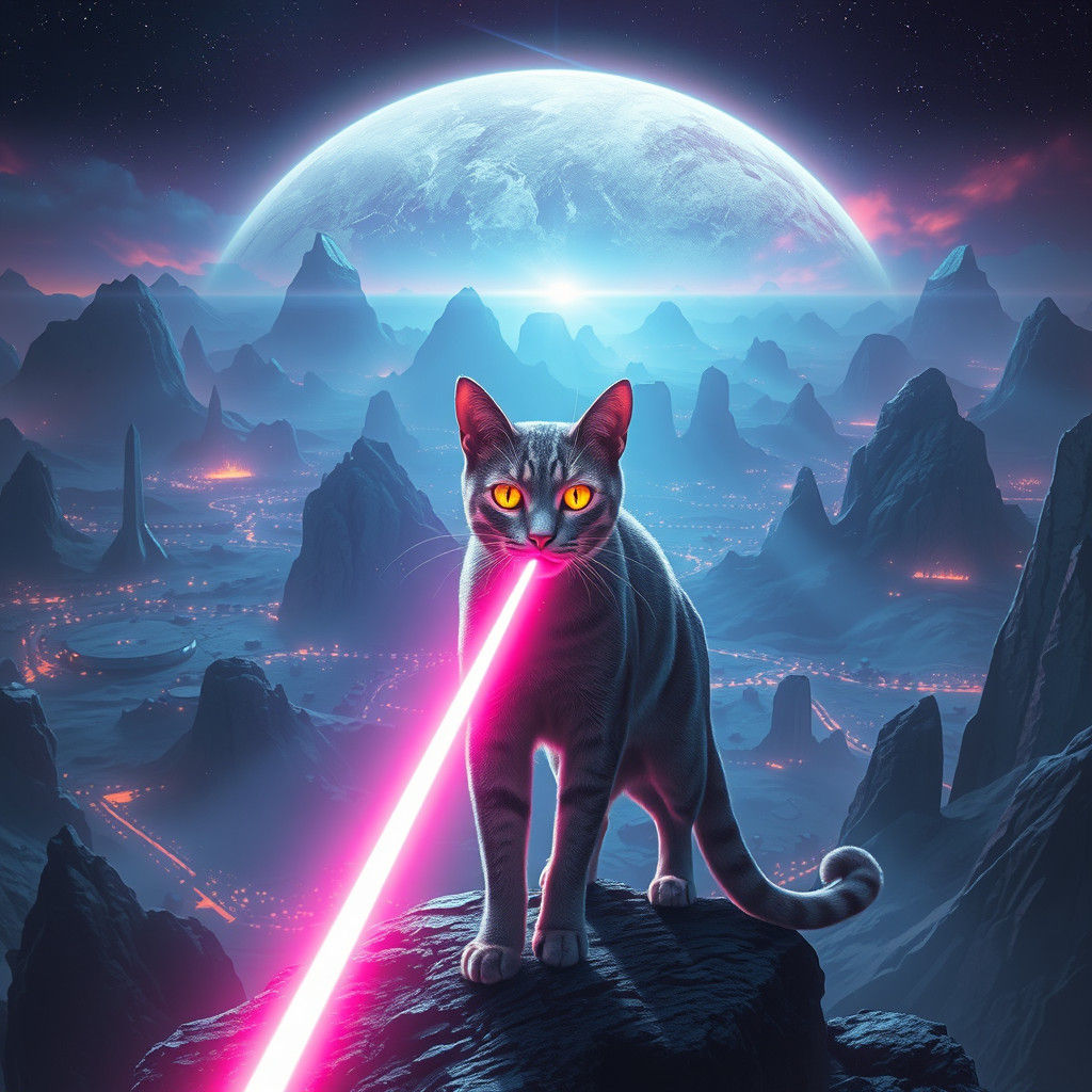 Majestic Laser Cat in a Mystical Landscape