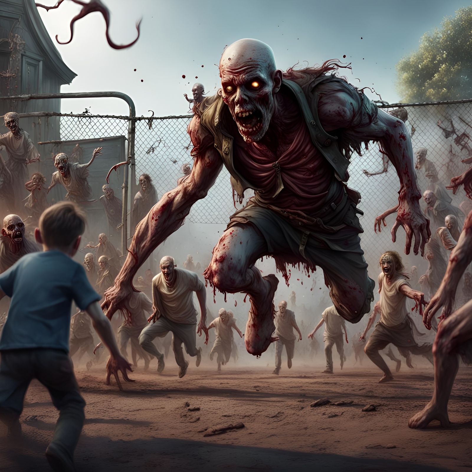 Zombie Horde Chasing Man: Detailed Matte Painting