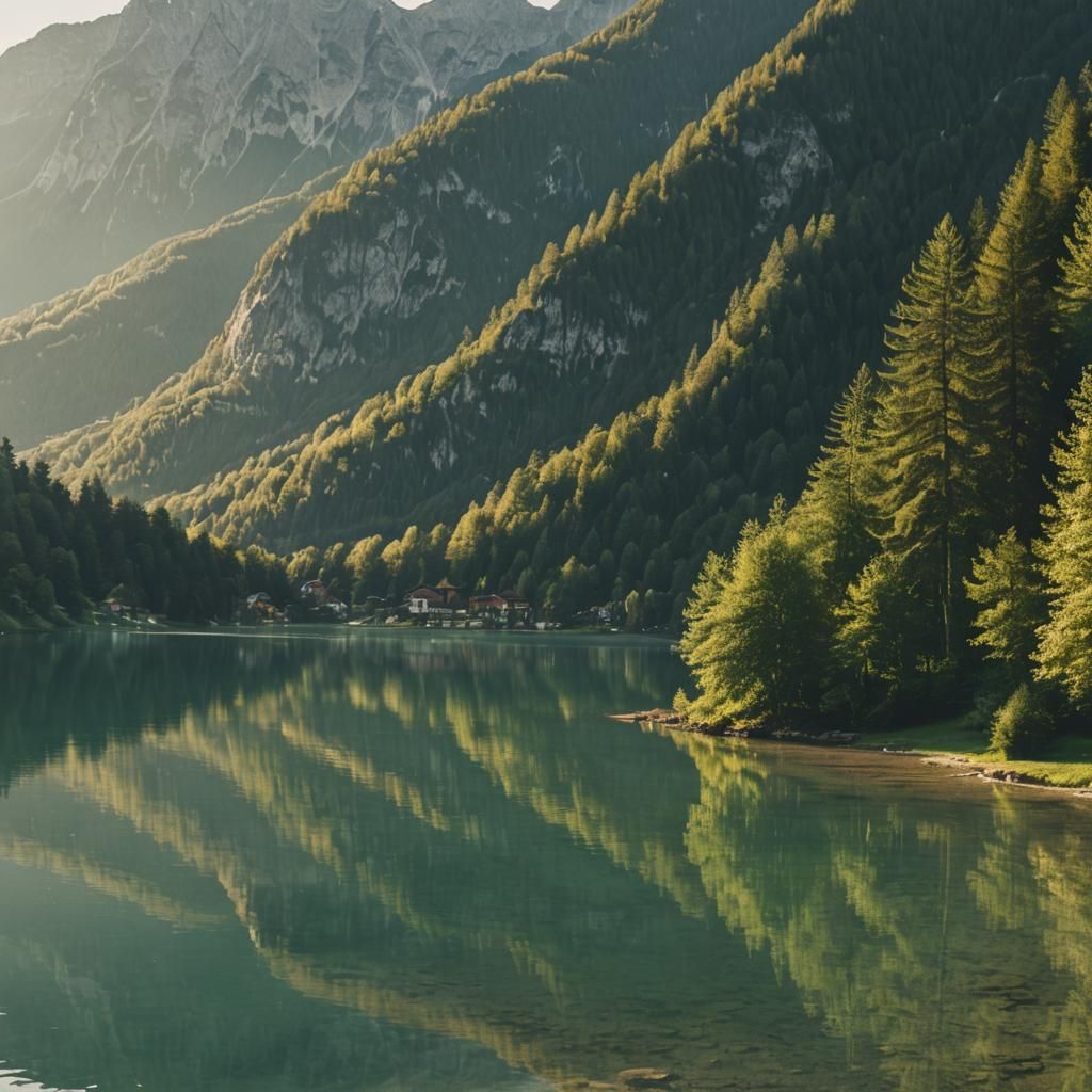 Serene Lake Molveno at Dawn: Cinematic Film Still