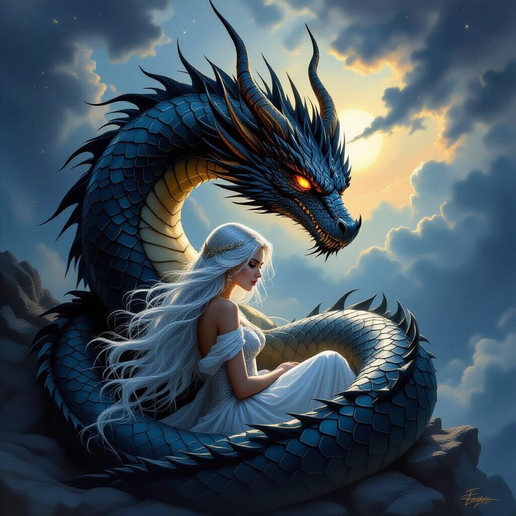 Obsidian Dragon Guards Silver-Haired Maiden in Stormy Sky