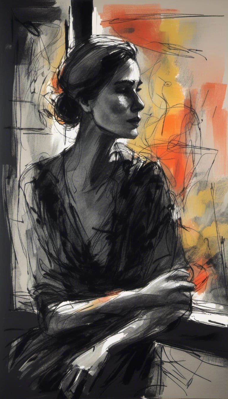 Colorful Portrait of Woman at Window in Gouache