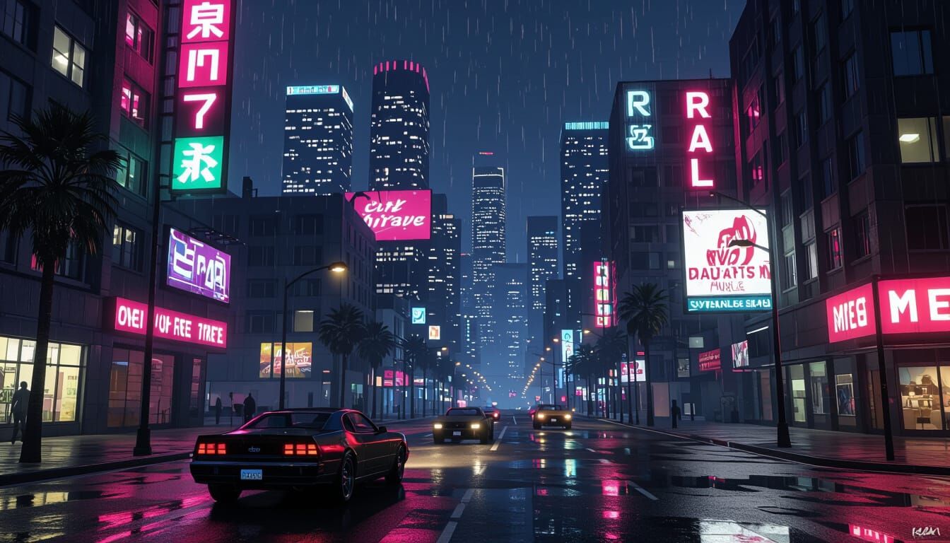 GTA V Cityscape at Night in Hybrid Art Style
