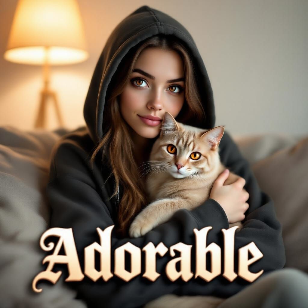 Woman With Cat on Couch, Gothic Calligraphy Text