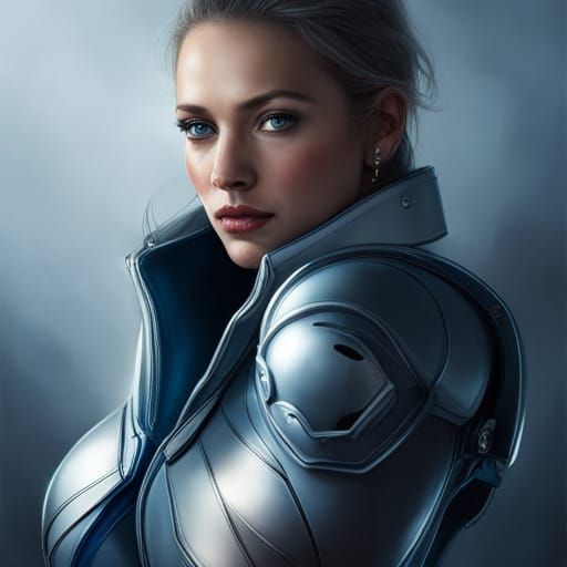 Female RAF Veteran in Intricate Blue Armor